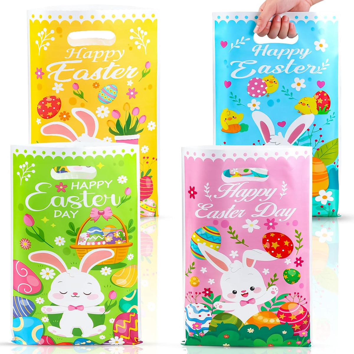 Easter Treat Bags, 50 PCS Easter Gift Bags with Handles, Plastic Happy Easter Day Cookie Goodie Candy Bag Easter Bunny Cute Spring Party Favor Bag for Easter Party Favors Supplies, 6.5x10 Inch