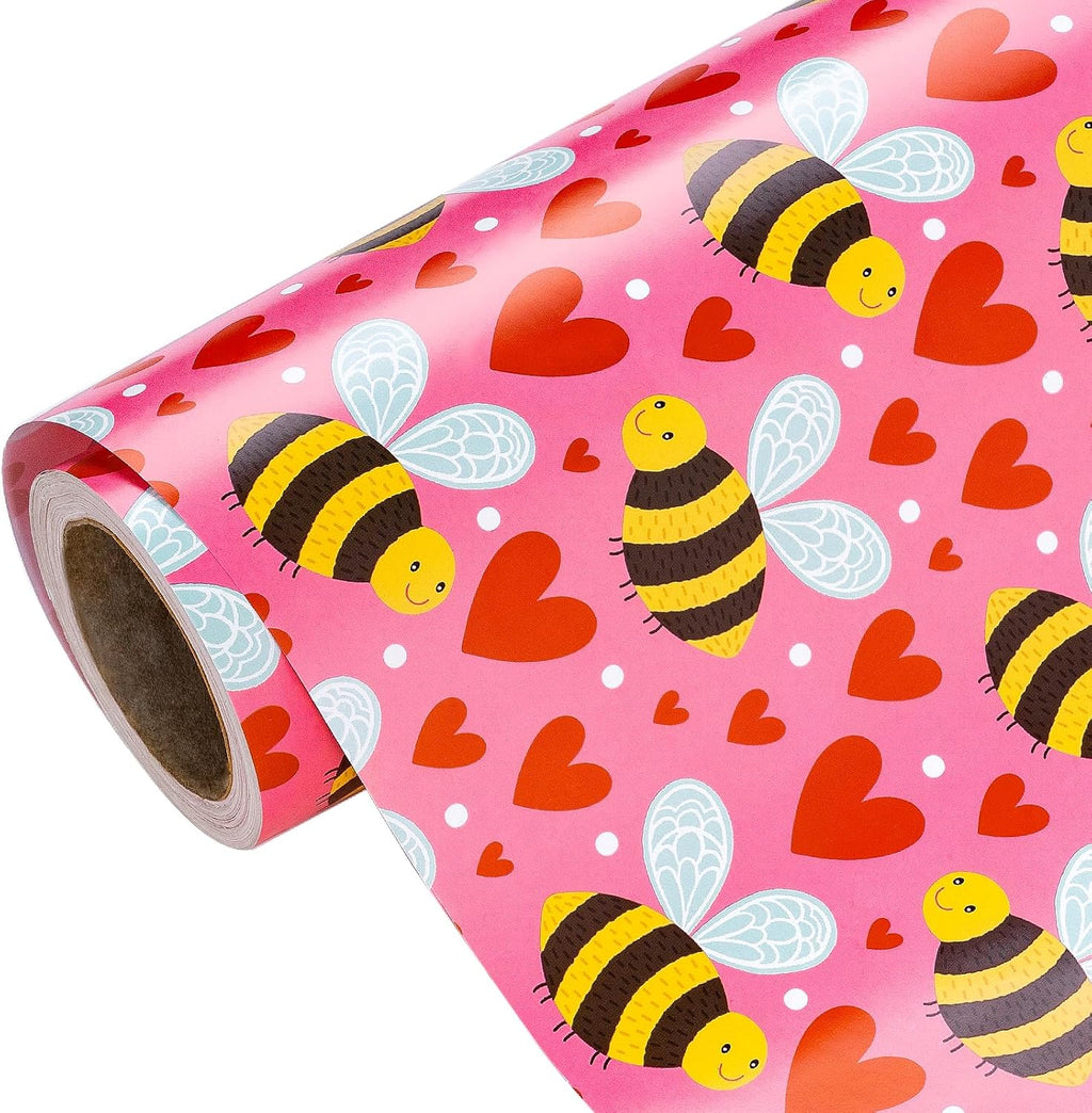 WRAPAHOLIC Valentines Day Wrapping Paper Roll - 17 Inch x 16.5 Feet - Sweet Hearts and Bee Wrapping Paper Perfect for Valentine's Day, Wedding, Anniversary, Birthday