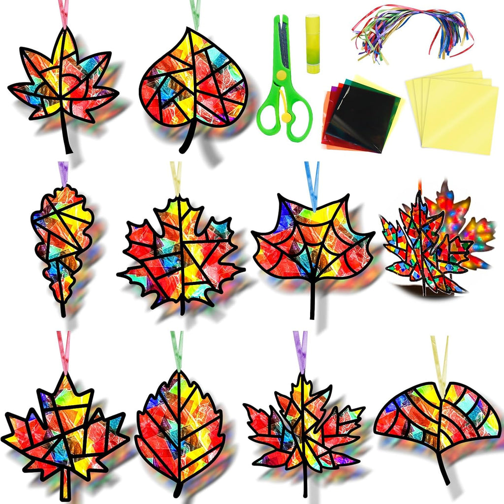 EggSun 36 Sets Fall Thanksgiving Maple Leaf Suncatchers Craft Kit for Kids Ornaments Stained Glass Window Arts and Crafts Kit for Classroom Holiday Projects Home Party Favors Decorations Ages 4 8 12