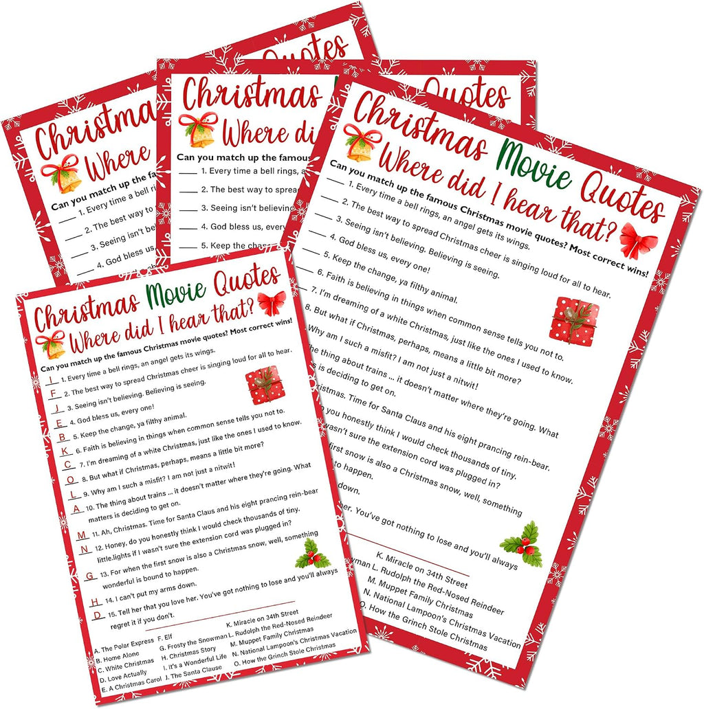 Christmas Movie Quotes Game Card - 20 Holiday Game Cards With 1 Answer Card Set - Film Theme Xmas Party Funny Activity for Family, Adults & Teens - Christmas Party Supplies & Decor(Snowflake) - A03