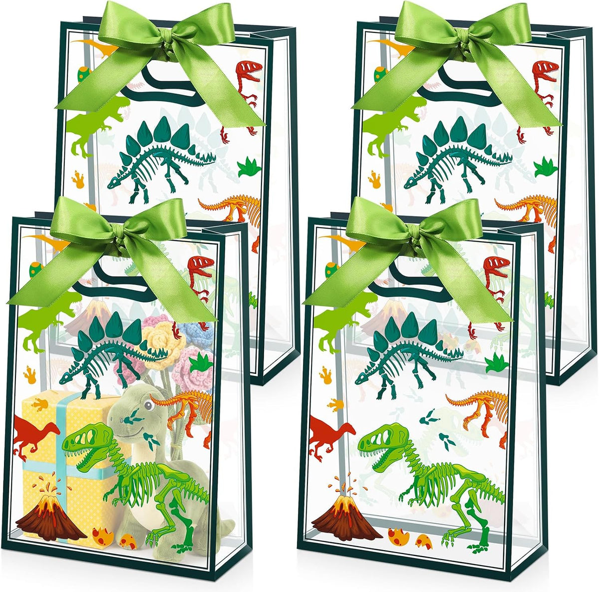 Capoda 24 Pack Dinosaur Party Favor Bags, Clear Gift Bags with Handles and Green Ribbons, Dino Goodie Treat Bag, Transparent Favor Bag for Birthday Party Supplies, Baby Shower, Classroom Rewards