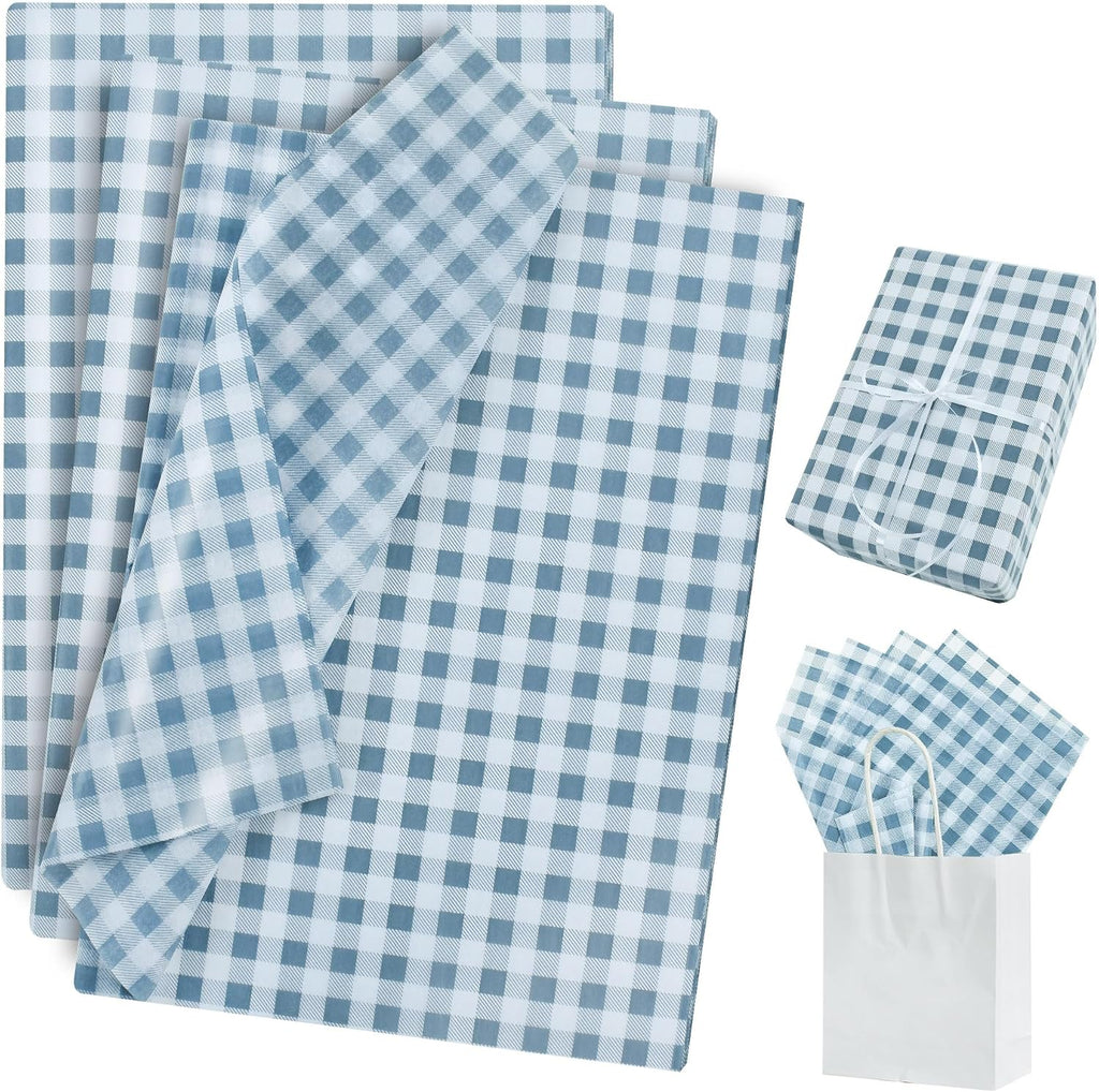 BEISHIDA Gingham Tissue Paper Bulk, Dusty Blue White Checkered Wrapping Tissue Paper for Gift Bags, 14 x 20 Inch Gift Wrap for Birthday Nautical Wedding DIY Crafts Decor Holiday Flowers,50 Sheets