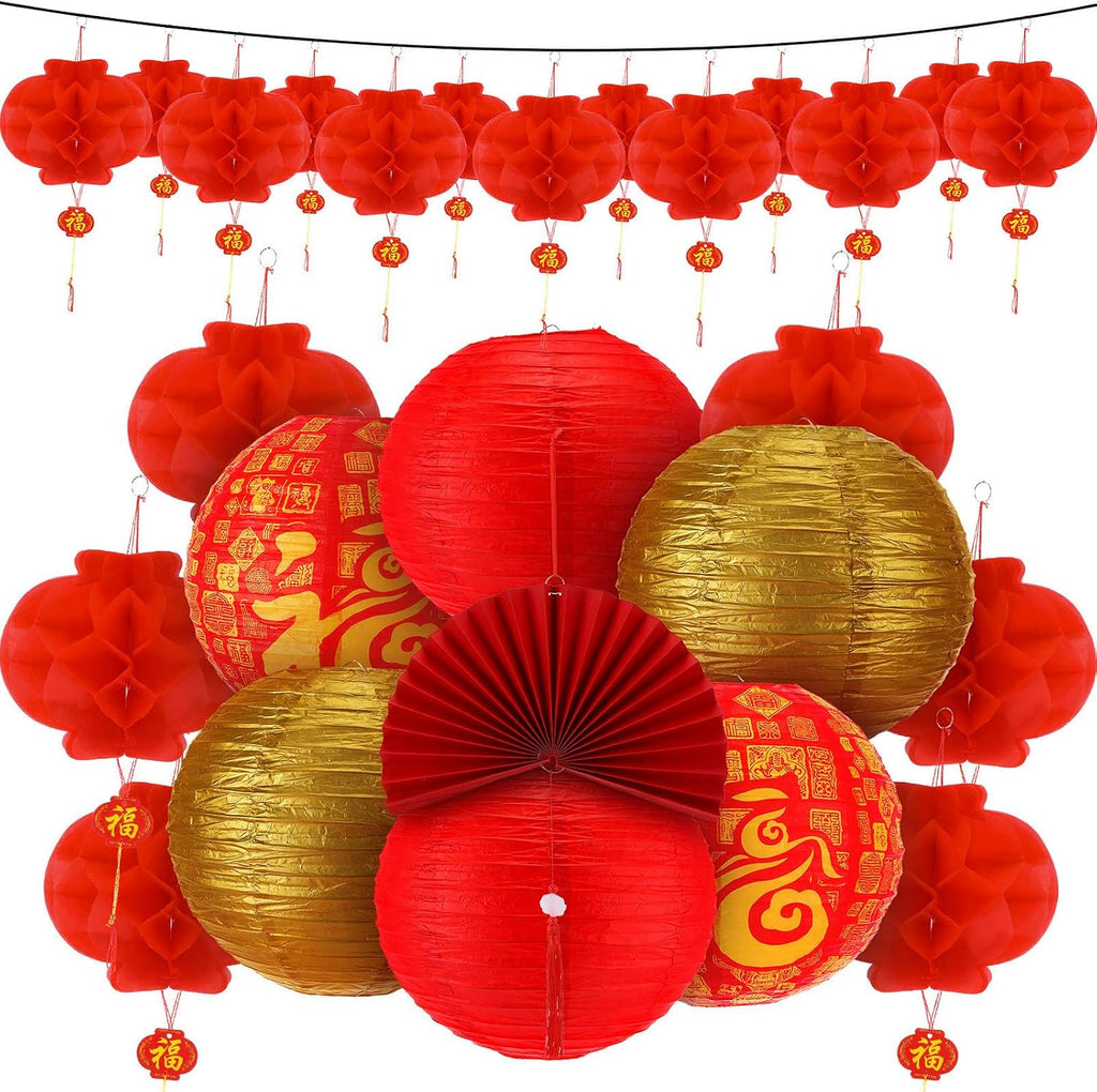 Fullhawl 21 Pcs Chinese New Year 2026 Decor Golden Fu Lantern 12 Inch Lucky Golden Fu Lantern Hanging Ornaments 10 Inch Chinese Red Paper Lanterns Folding Fans with Tassel for Home(Gold)