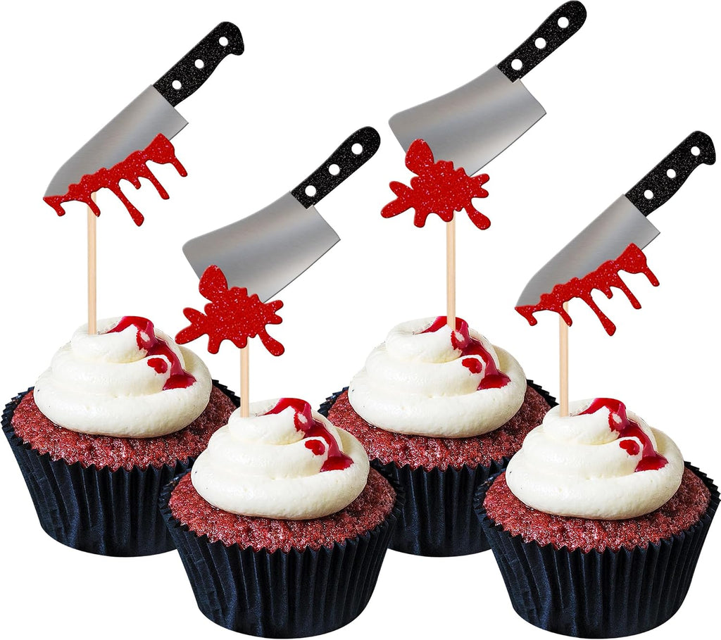 24 PCS Halloween Cupcake Toppers Glitter Horror Blood Knife Cupcake Picks Have a Killer Birthday Cake Decorations for Halloween Blood Knife Theme Birthday Party Supplies