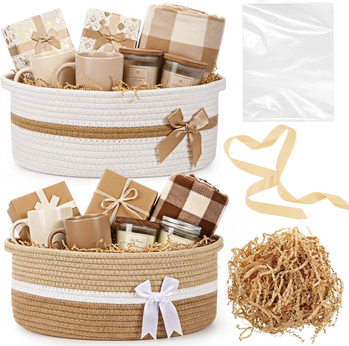 Colingmill 2 Pack Small Woven Gift Basket Empty with Wrap, Khaki and White
