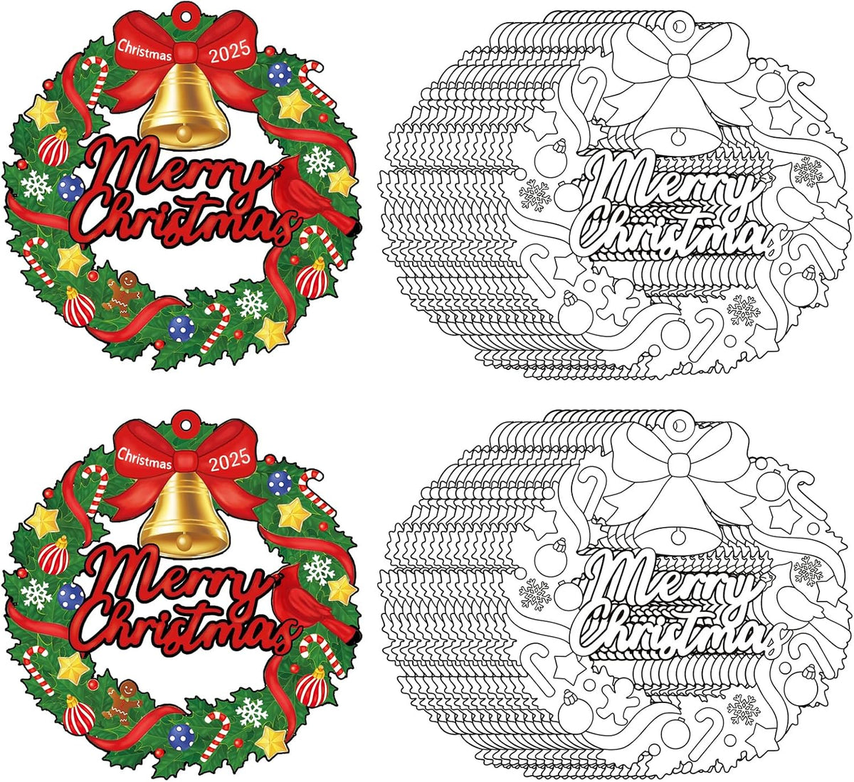 Sereliy 24 Pcs Christmas Coloring Wreath Crafts, Color Your Own Christmas Crafts, DIY Paper Xmas Wreath for Classroom Activities, Games. (Bell)