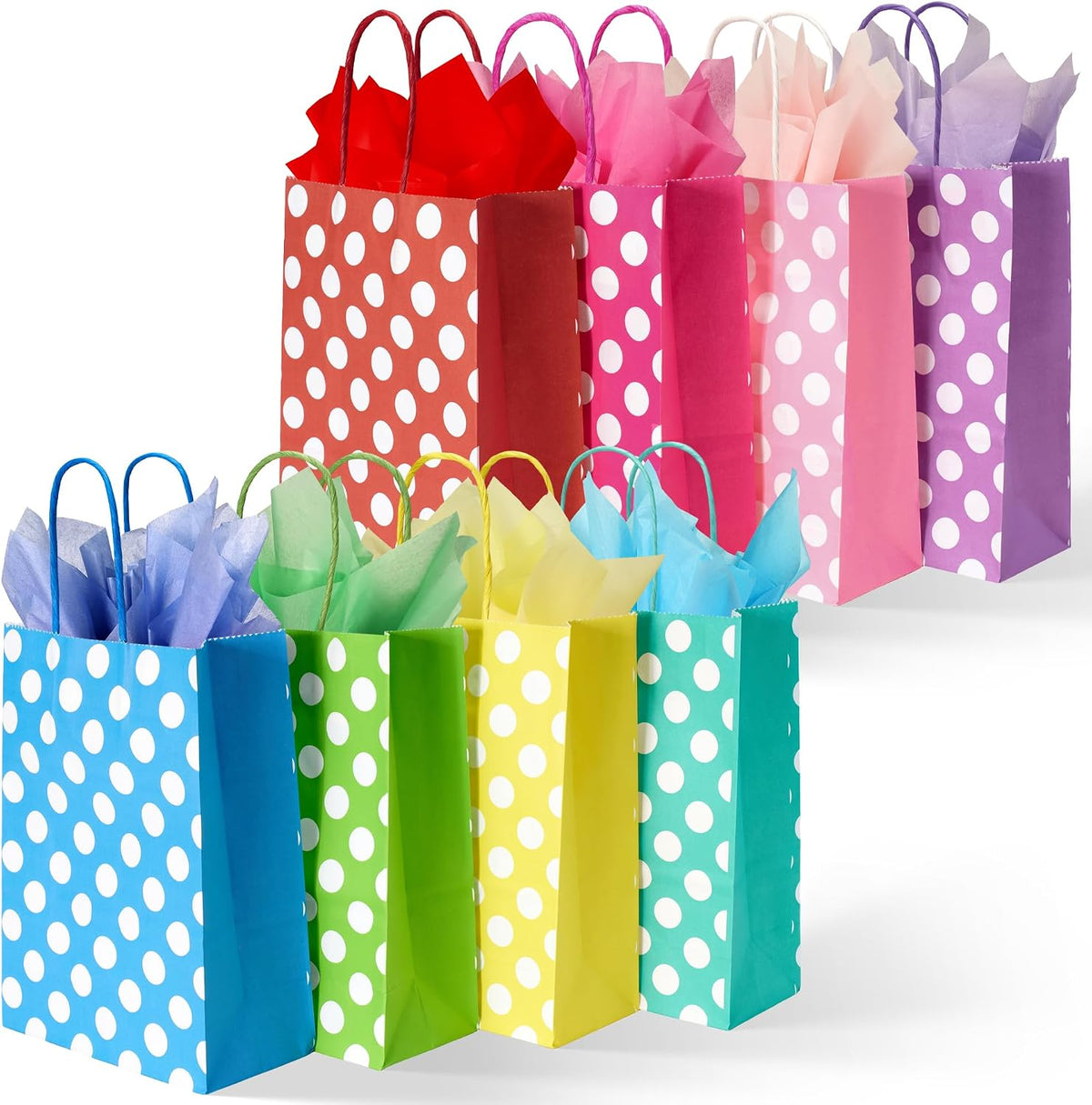 BLEWINDZ 32 Pieces Small Gift Bags with 32 Tissues, 8 Colors Rainbow Party Favor Bags with Handle for Birthday, Wedding and Party Celebrations (Polka Dots)