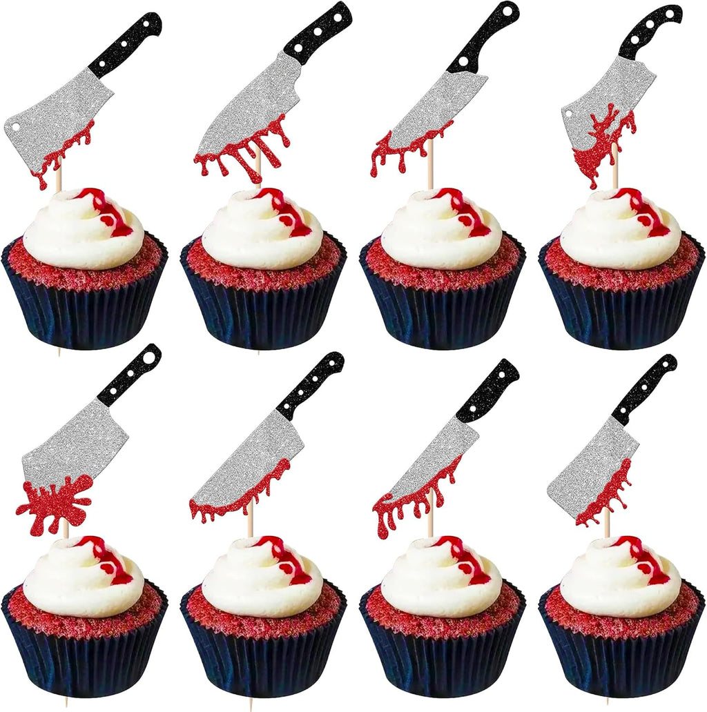 Rsstarxi 24 Pack Halloween Cupcake Toppers Glitter Blood Knife Cupcake Picks Horror Killer Birthday Cake Decorations for Scary Horror Crime Scene theme Birthday Halloween Party Supplies