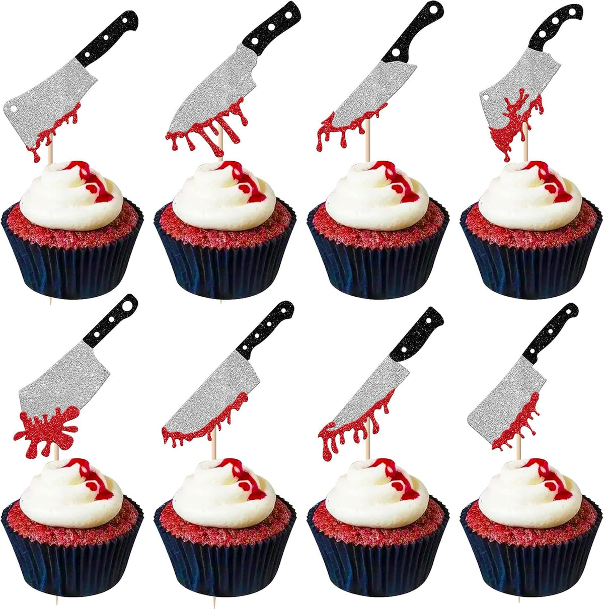 Rsstarxi 24 Pack Halloween Cupcake Toppers Glitter Blood Knife Cupcake Picks Horror Killer Birthday Cake Decorations for Scary Horror Crime Scene theme Birthday Halloween Party Supplies