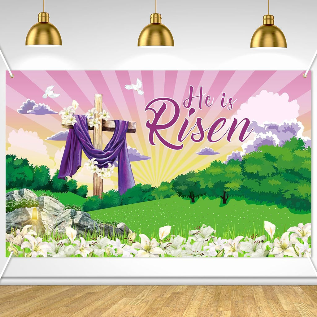 Large He is Risen Easter Banner Decorations Flag Outdoor 72x44 Inch, Cross Sign Christian Jesus Lily Flowers Banner for Indoor Home House Decor Party Supplies, Spring Yard Sign Background for Photography