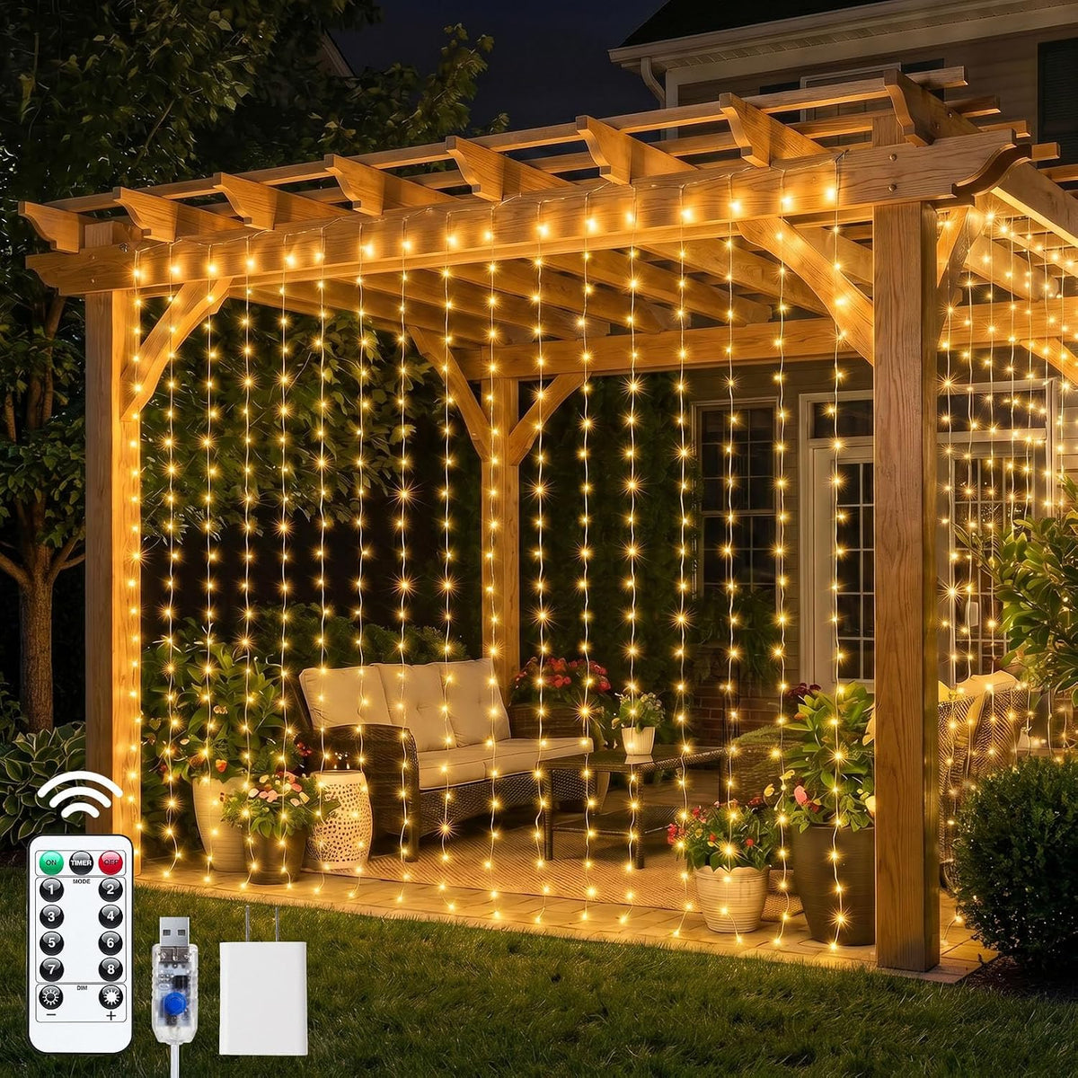 Brightown 600 LED Curtain Lights, 20 FT Plug in Fairy Lights for Bedroom, 8 Lighting Modes, Christmas String Lights for Window Wall Wedding Party Birthday Christmas Decorations, Warm White