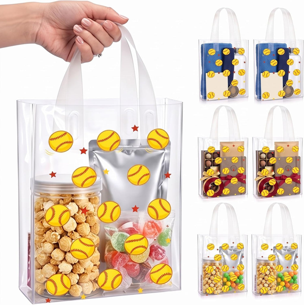 Pajean 12 Pcs Softball Plastic Gift Bags with Handles, 5.9 x 8.7 x 3.1 Inch Baseball Theme PE Treat Bags, Yellow Sport Candy Goodie Pouches for Classroom Exchange, Party Favor, Sports Event Supplies