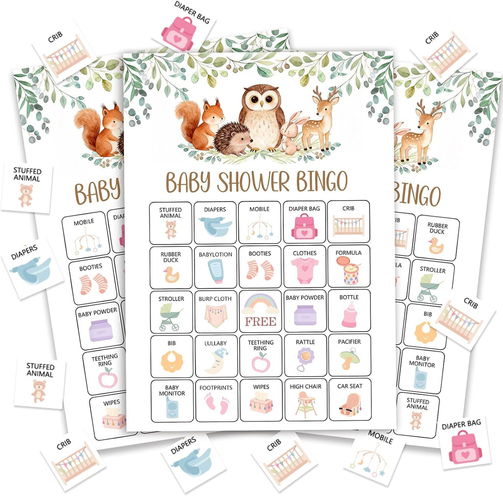 Woodland Baby Shower Bingo Game for Adults, 24 Players Animals Baby Shower Bingo Cards, Fun Gender Reveal Party Game for Family, Large Group Baby Shower Party Activities Supplies