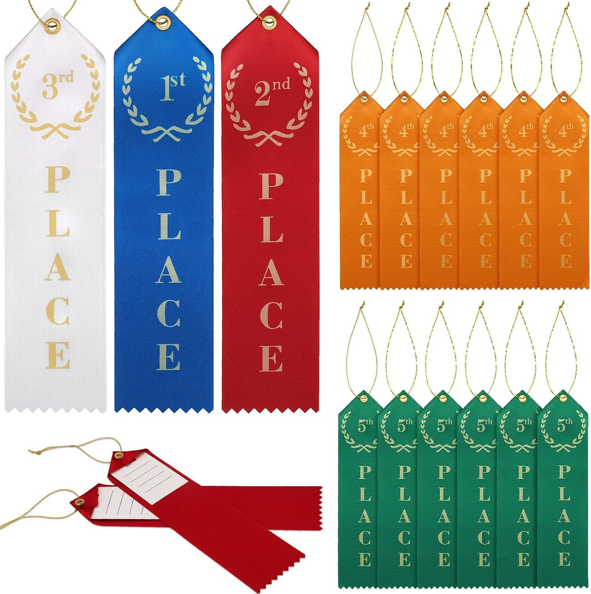 60 Pcs Award Ribbons Set for 1st - 5th, Event Card & Rope Included, Match Prize Place Ribbons Flat Carded for Competitions, Sports Events, School Challenges, Team, 5 Colors