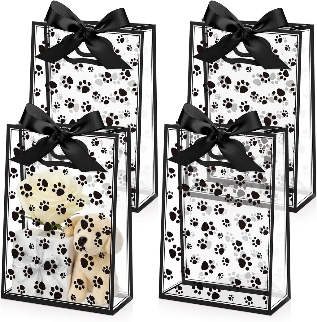 Capoda 24 Pack Dog Paw Gift Bags with Handles Reusable Plastic Party Favor Bags for Dog Birthday Puppy Party Black Paw Goodie Bag Medium Treat Bag for Pet Adoption Rescue Events Doggy