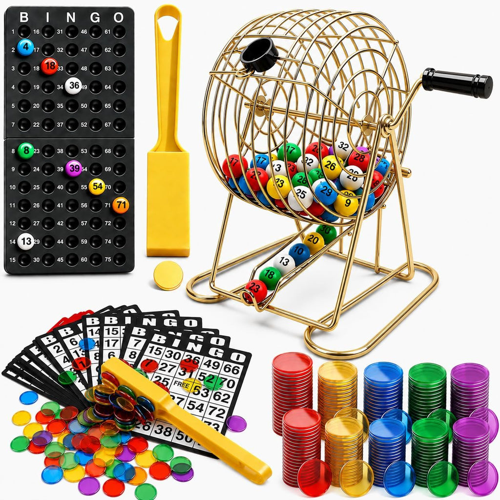 Deluxe Bingo Set with 6-Inch Durable Gold Steel Cage, Magnetic Bingo Wand, 80 Metal-Rimmed Bingo Chips, 75 Calling Balls, 18 Large Cards & Master Board – Premium Bingo Set for Family Nights, Parties