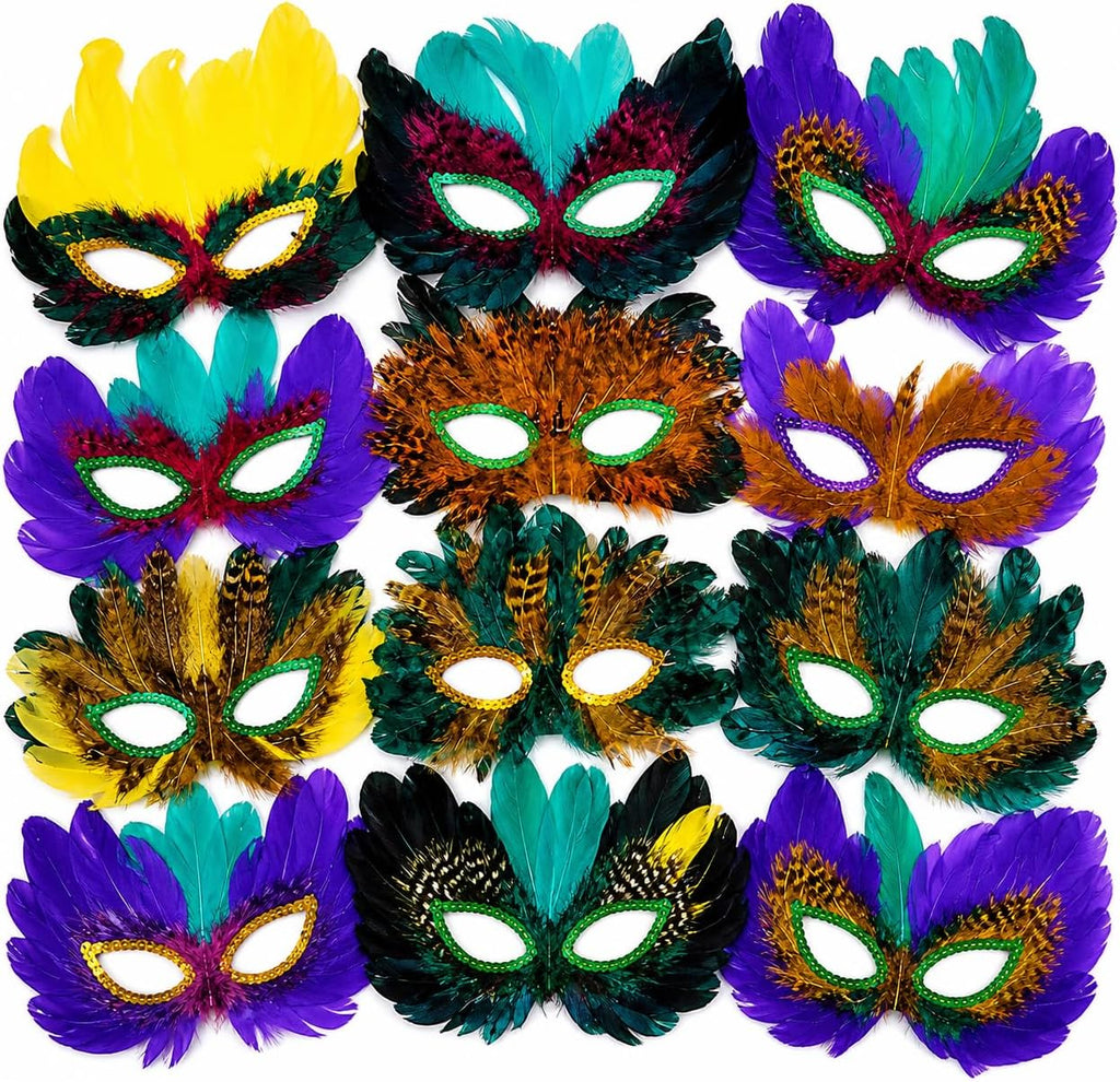 4E's Novelty Bulk Mardi Gras Masks With Feathers for Adult Men Women, Masquerade Party Masks for Party Outfit Accessories