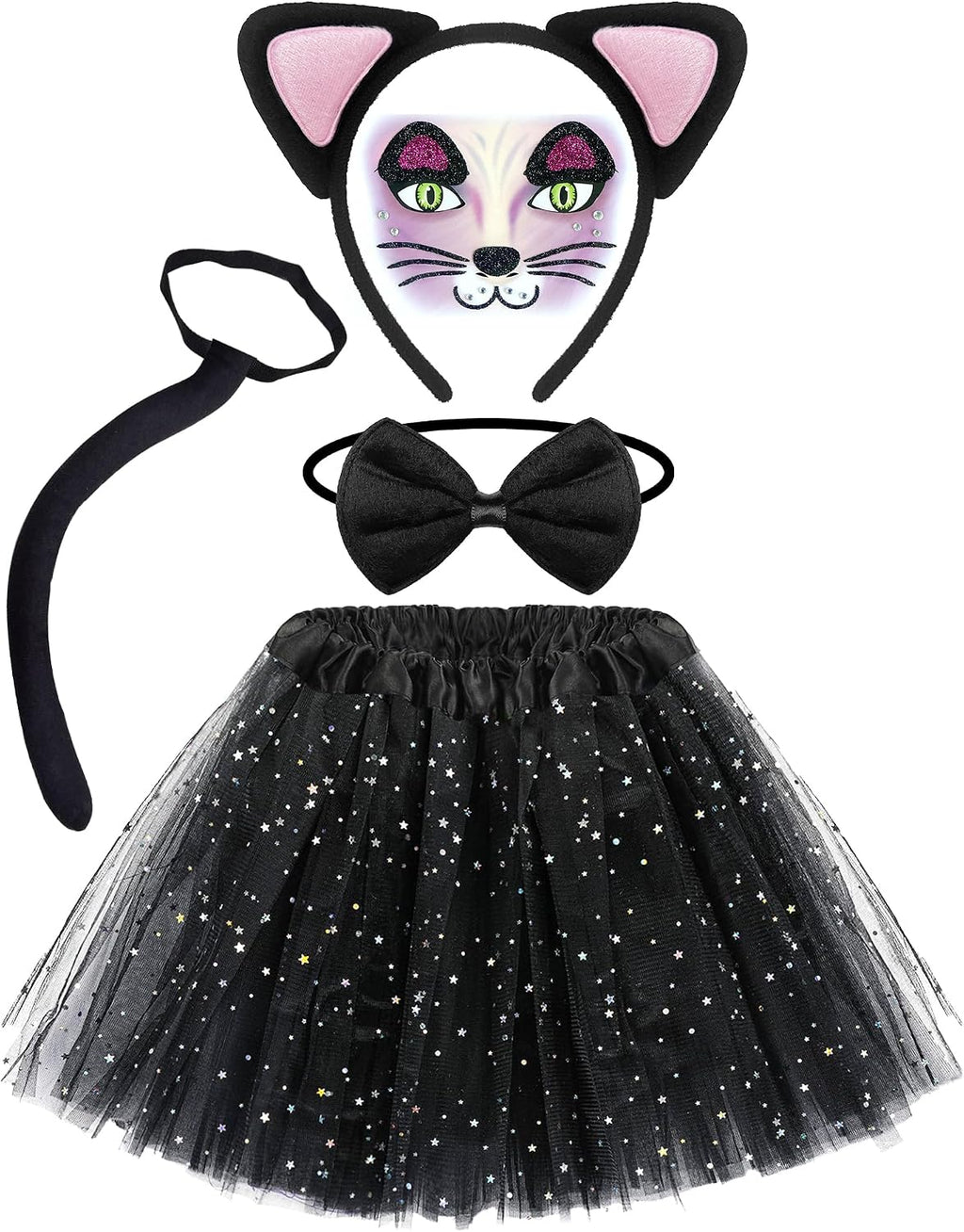 Dolkoic Black Cat Costume Set Cat Ears Headband Sequined Tutu for Women Book Week Halloween Cosplay