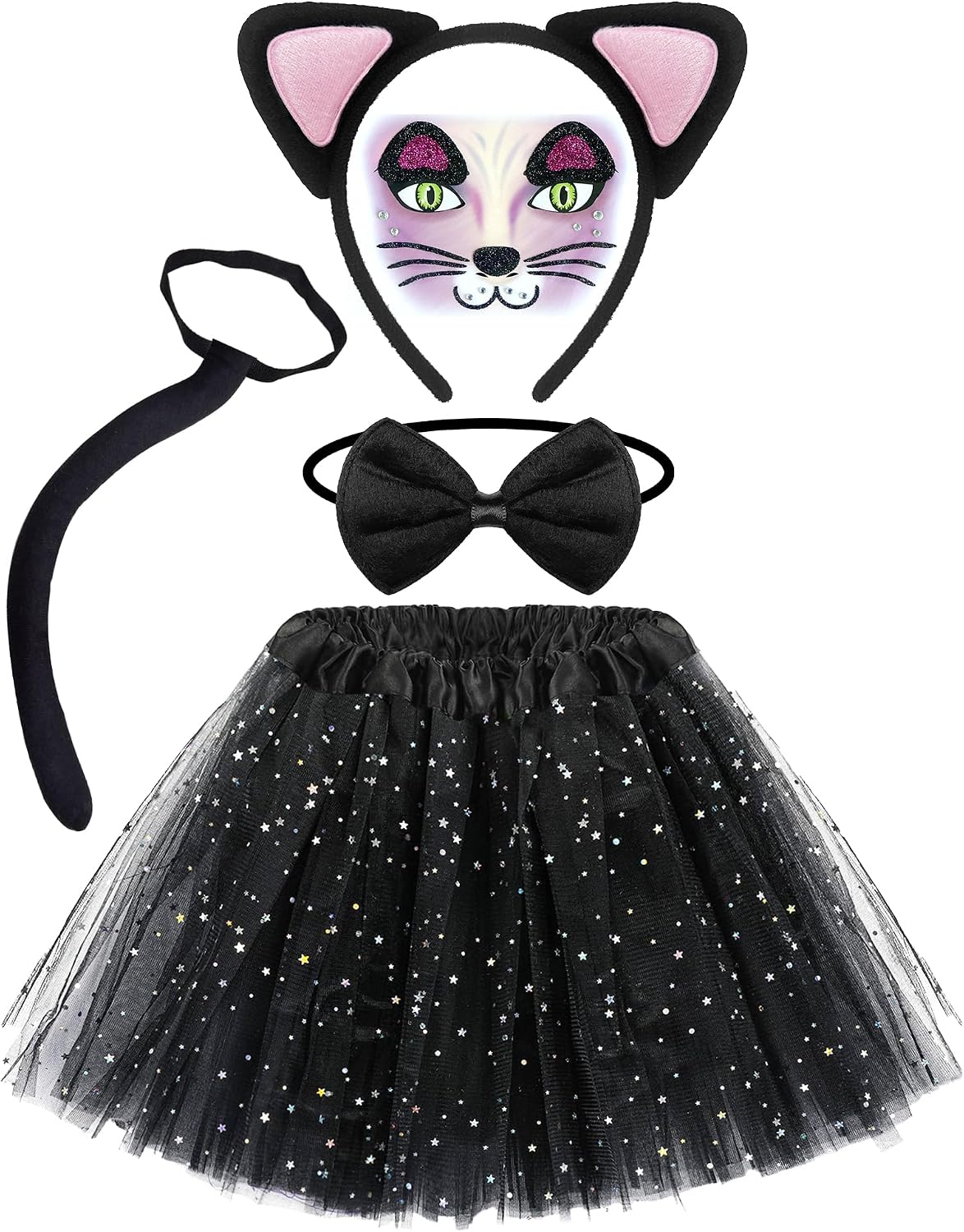 Dolkoic Black Cat Costume Set Cat Ears Headband Sequined Tutu for Women Book Week Halloween Cosplay