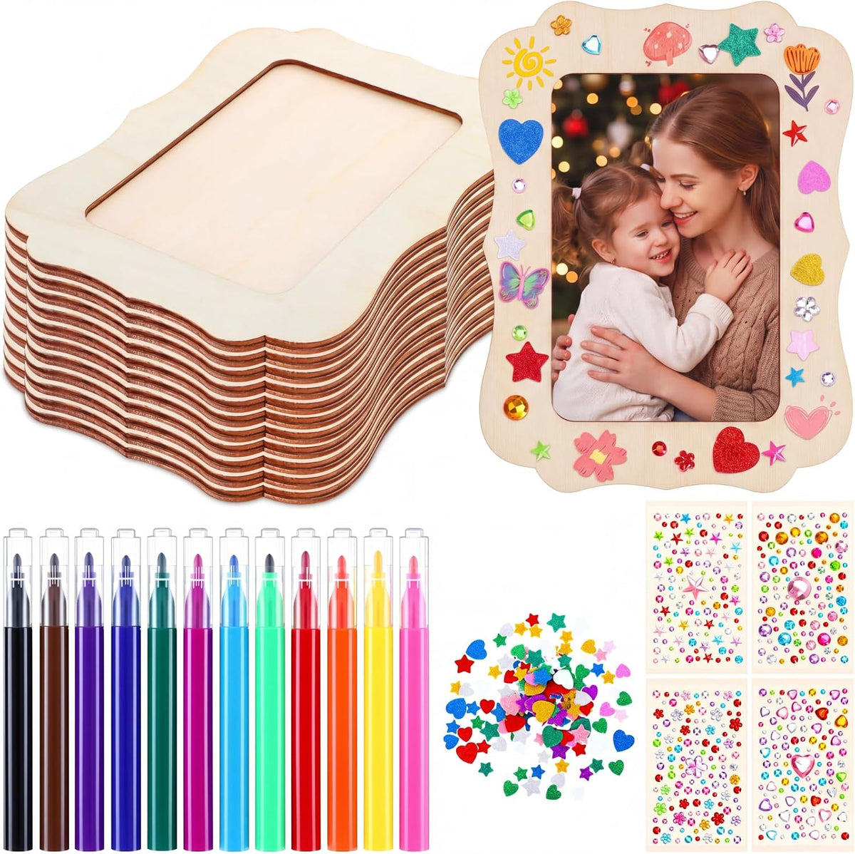 Yalikop 12 Pack Wooden Picture Frame Painting Craft Kit with Stickers DIY Craft Picture Frames for 4" x 6" Photos Unfinished Standing Photo Frame Decorate for Mother's Day DIY Crafts Gift