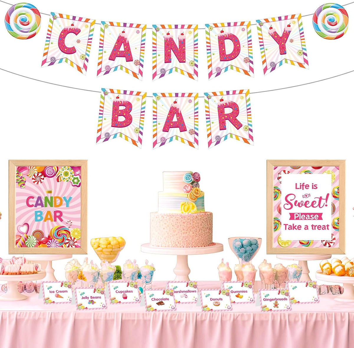 Outus 32 Pcs Candy Bar Decorations Kit with Banner Table Signs Food Labels