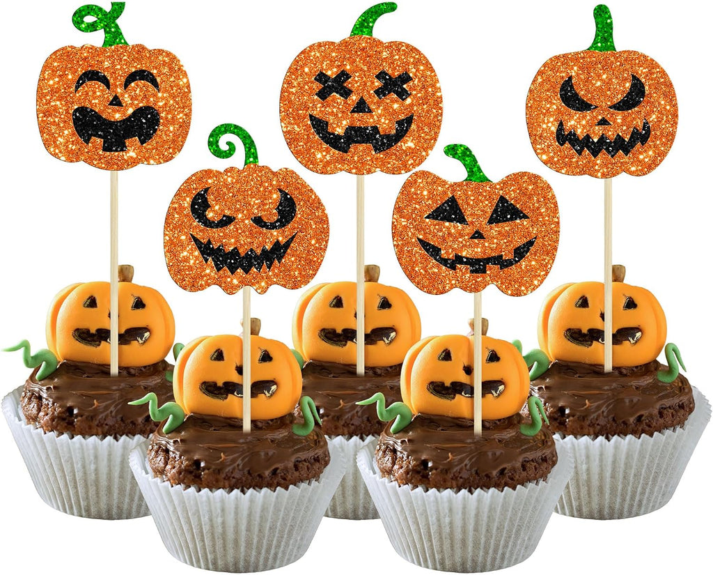 Gyufise 30Pcs Halloween Pumpkin Cupcake Toppers Glitter Jack-O-Lantern Halloween Cupcake Picks for Kids Birthday Festival Party Cake Decorations Supplies