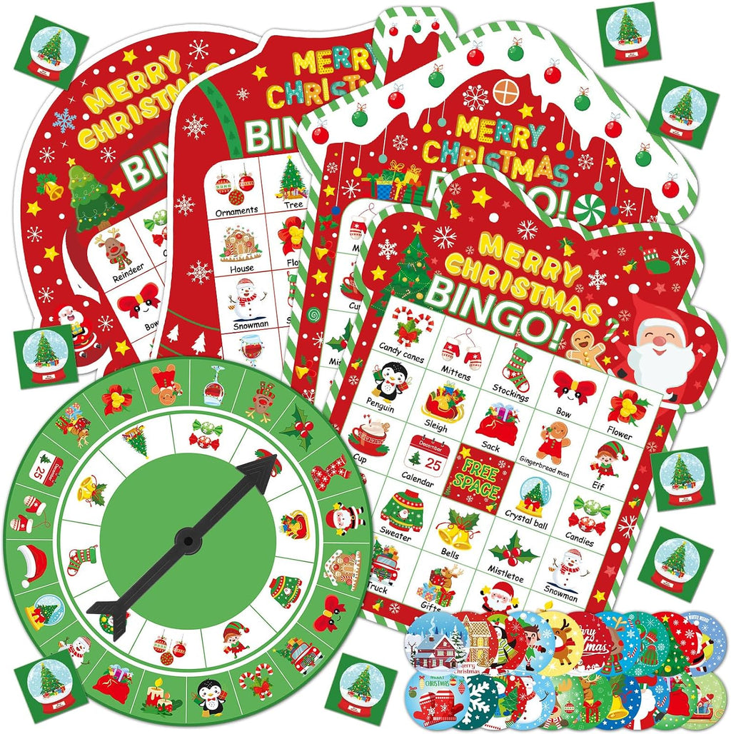 Christmas Bingo Game Cards for Adults 24 Players Christmas Party Bingo Games Winter Holiday Bingo Cards with Turntable Reward Stickers for Party Activities Home Family Party Game