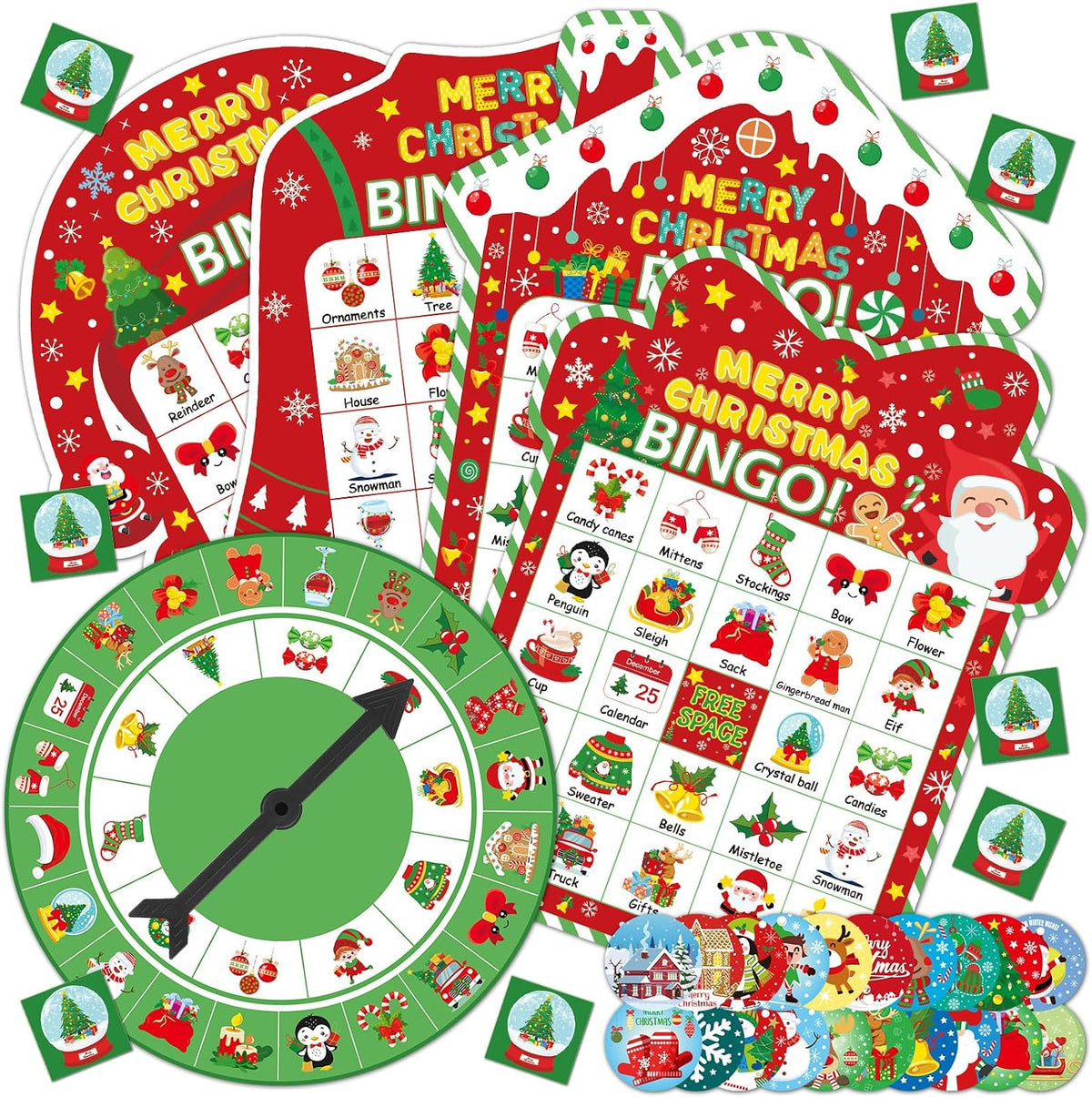 Christmas Bingo Game Cards for Adults 24 Players Christmas Party Bingo Games Winter Holiday Bingo Cards with Turntable Reward Stickers for Party Activities Home Family Party Game