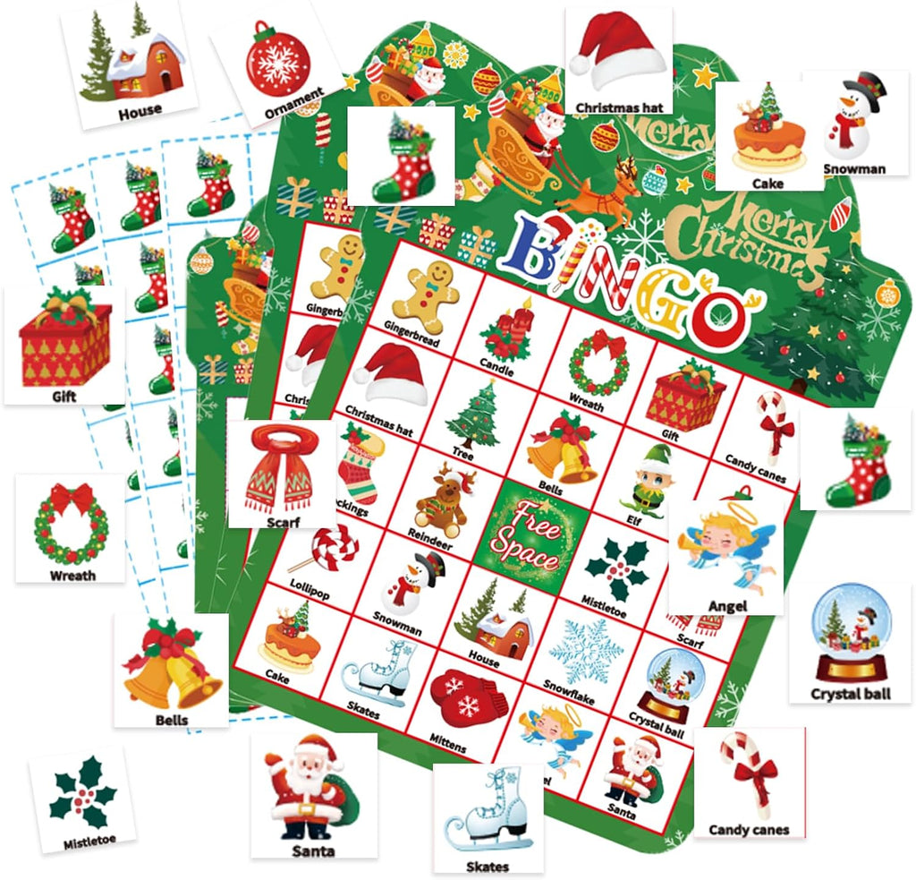 Christmas Bingo Game 24Players - Card for Kids Christmas Party Favor Family Activities Party Card Games School Classroom Games Turkey Party Favors Supplies (Green)