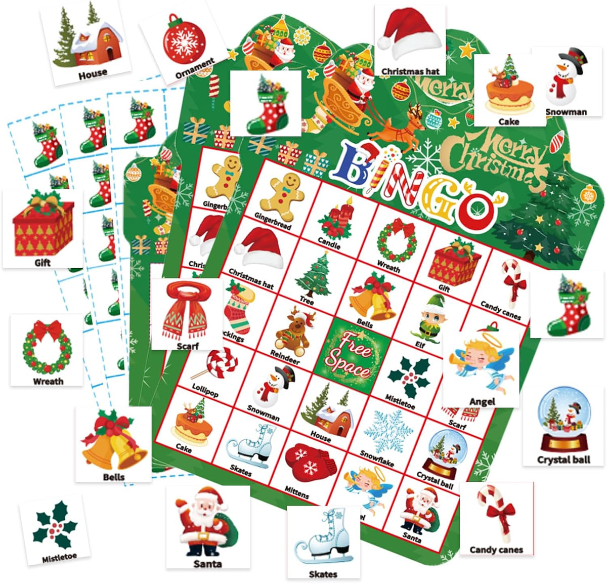 Christmas Bingo Game 24Players - Card for Kids Christmas Party Favor Family Activities Party Card Games School Classroom Games Turkey Party Favors Supplies (Green)