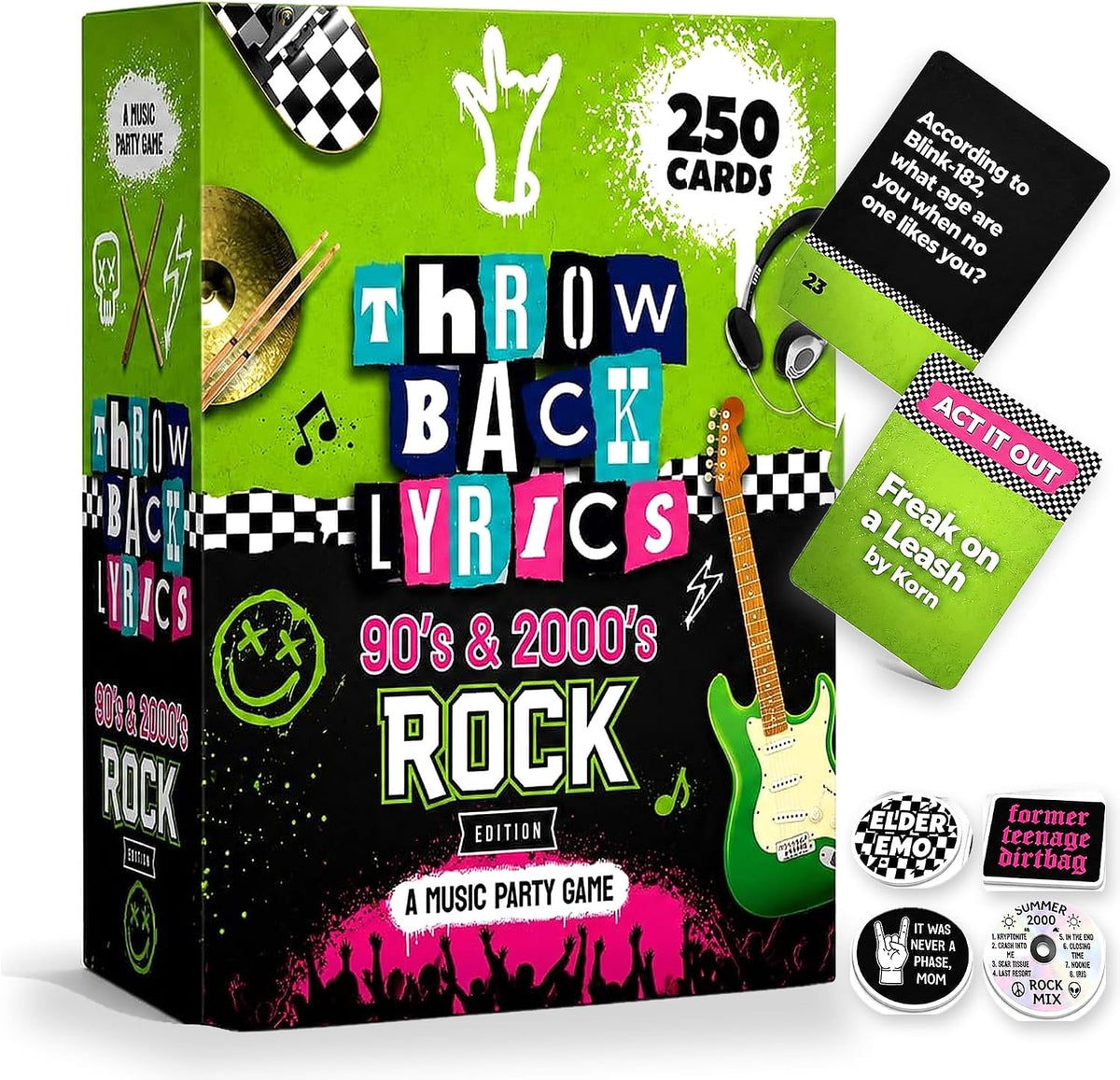 Throwback Lyrics - 90s & 2000s Rock Music Trivia Card Game | 250 Cards, Playlist Included, Finish the Lyrics, Charades + Steal Cards | Emo, Punk & Alternative Adult Party Game for Game Night & Gifts