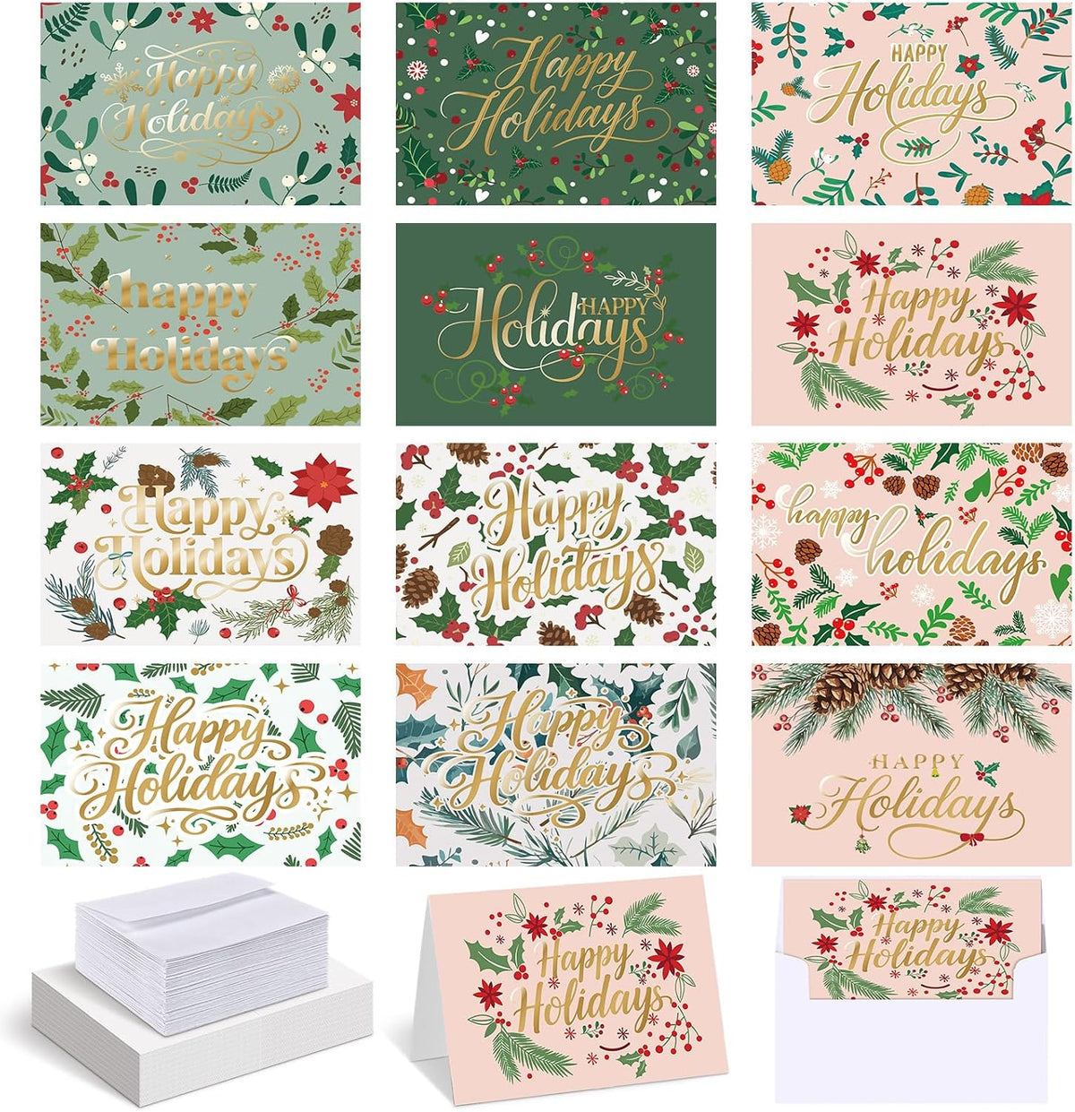 AmazingSpark 120 Pack Happy Holiday Card with Envelope Bulk Green Botanical