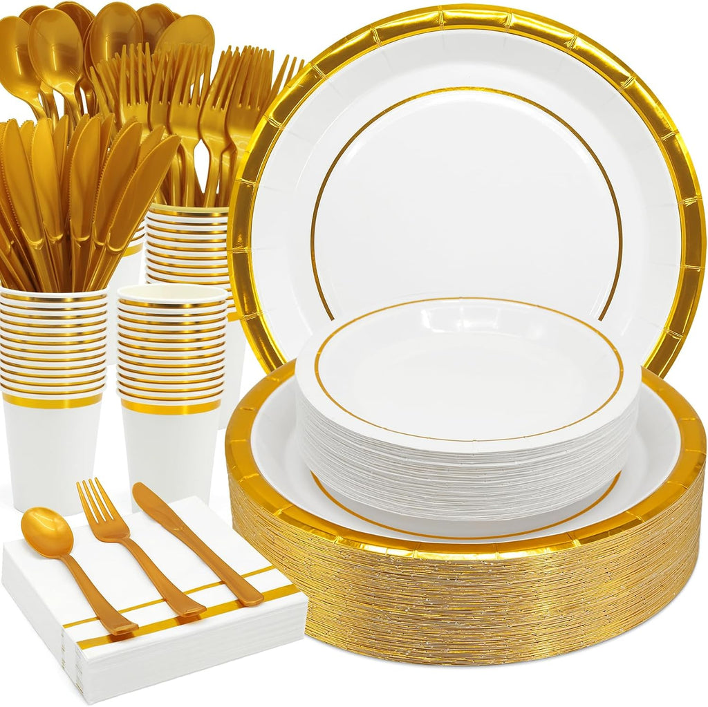 AIRE Gold White Paper Plates Set, 350PCS Disposable Tableware for 50