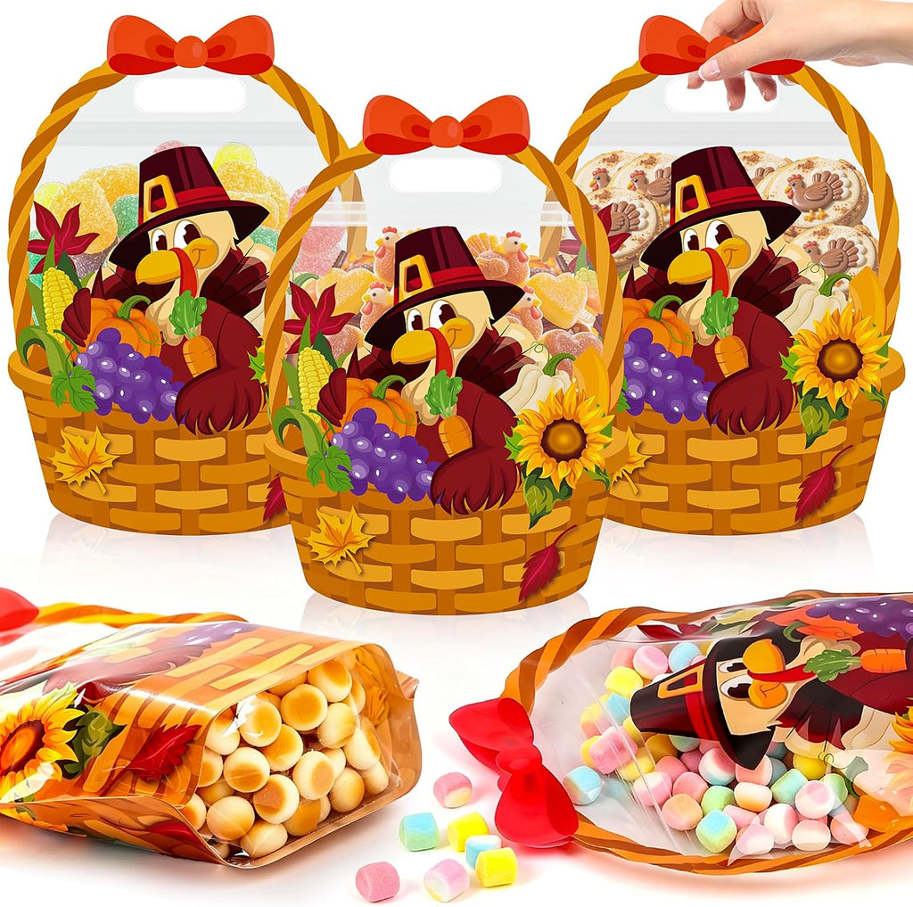 FOIMAS 50pcs Thanksgiving Bags Plastic Fall Goodie Bags with Handles Ziplock Basket Resealable Candy Bag for Thanksgiving Harvest Holiday Party Gift Wrapping Supplies Decoration Favor