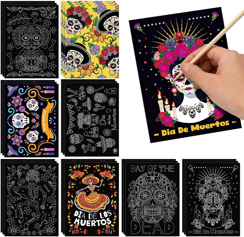 Marspark 24 Pcs Day of the Dead Scratch Paper Halloween Art Crafts Bulk