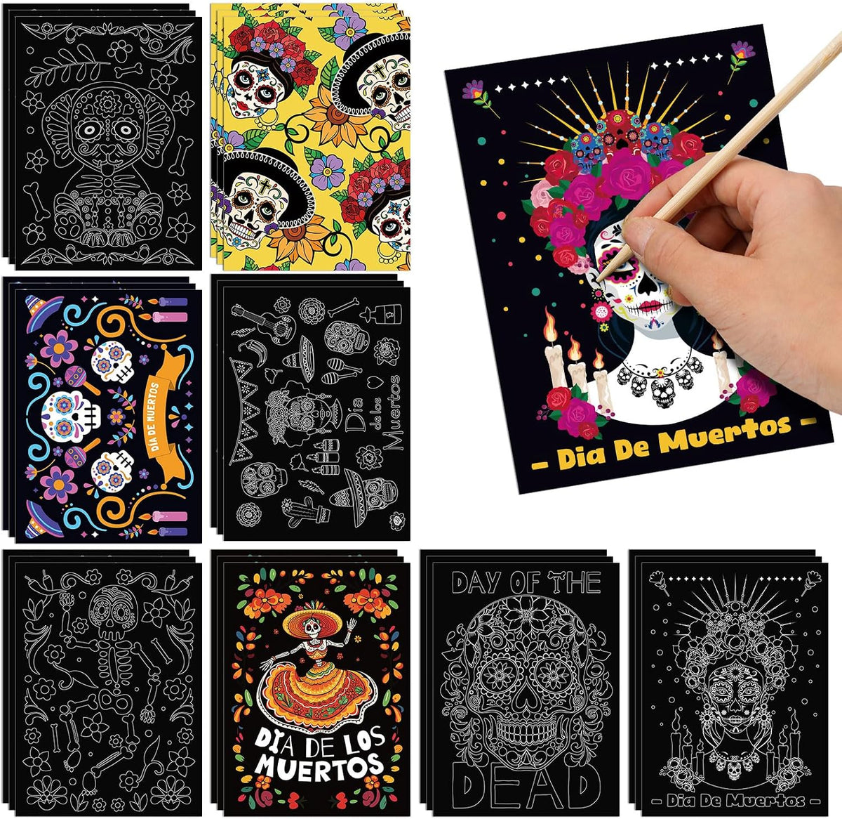 Marspark 24 Pcs Day of the Dead Scratch Paper Halloween Art Crafts Bulk