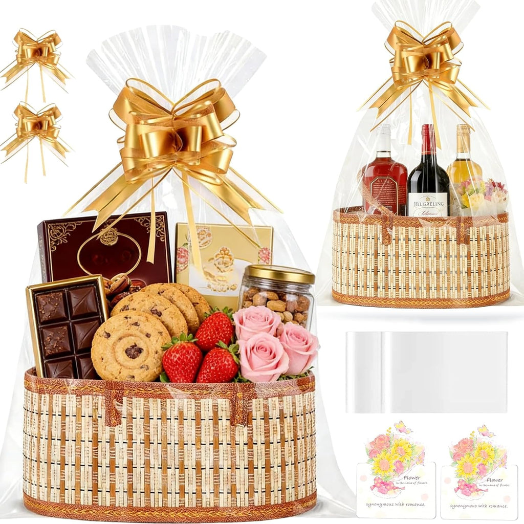 YAFAOCE 2Pcs Gift Baskets Empty to Fill for Easter Mother's Day Birthday Baby Baptisms Christmas New Year Valentines, Foldable Bamboo Woven Bulk Basket Set with Handle, Cute Large Basket Gift Kit