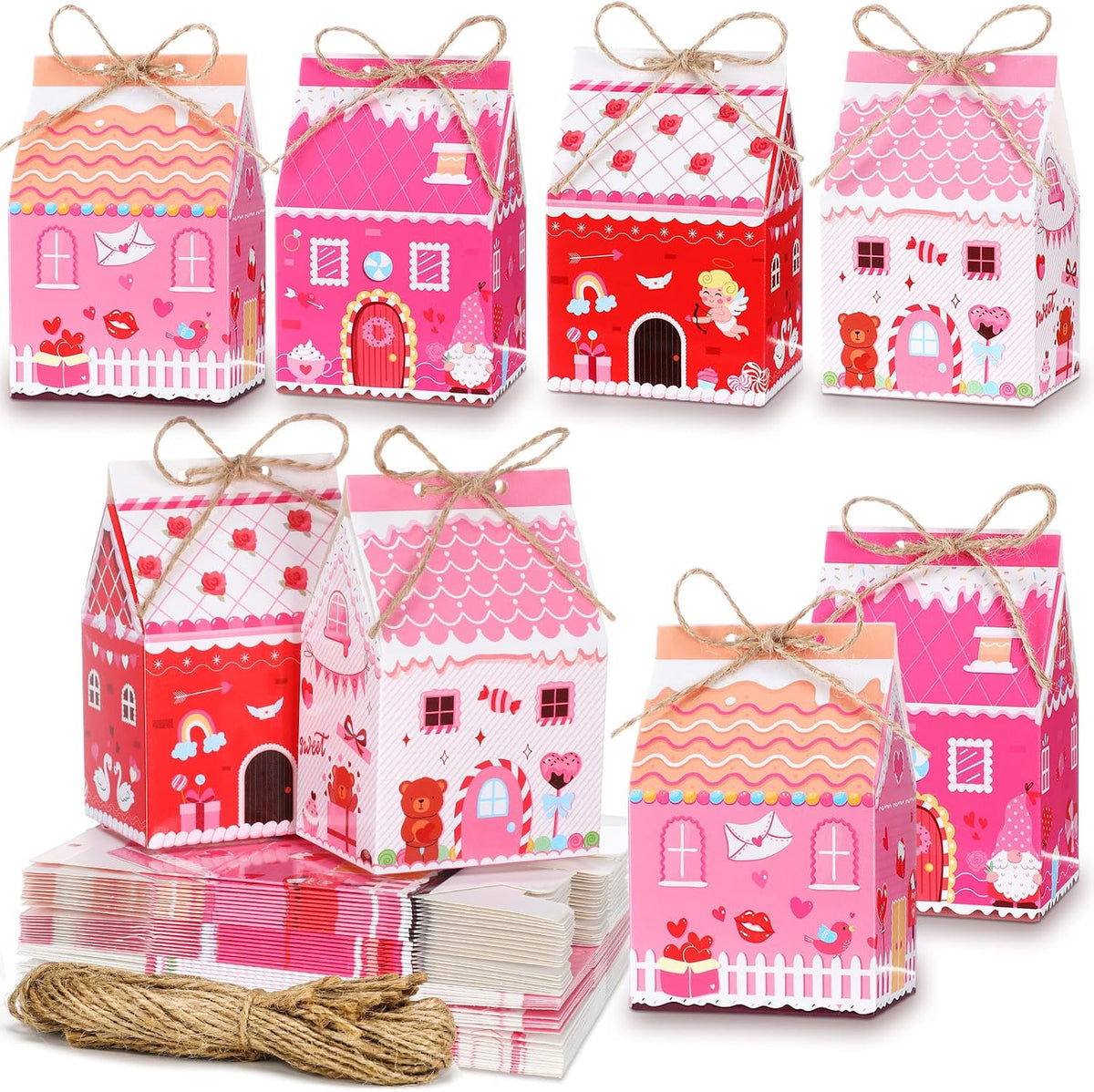 Zhanmai 48 Pcs Valentine's Day Treat Boxes Candy Mini Red Pink Heart House Favor Box Valentine's Day Party Paperboard Gift Boxes for Holiday Party Treat Cookie Goodie Snack Gift Packaging