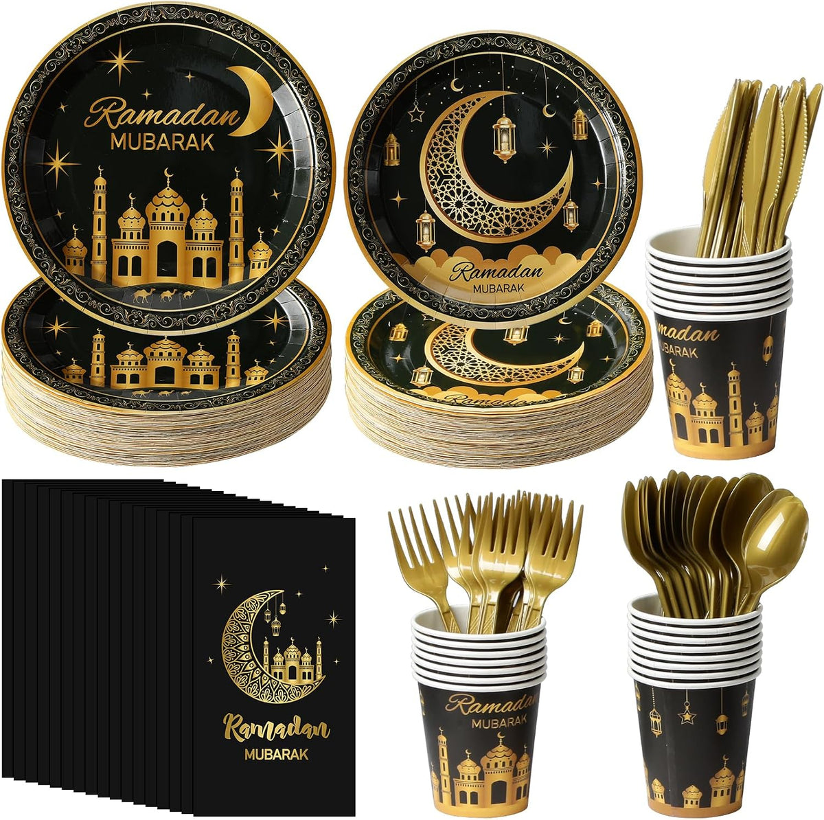 Ramadan Party Supplies Decorations for Home Serve 25, Eid Mubarak Ramadan Black and Gold Plates and Napkins Set, Disposable Paper Plates Napkins Cups Knives Spoons Forks for Ramadan Party Decorations