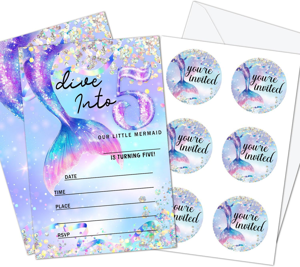 Set of 20 Magic Flash Purple Mermaid Birthday Invitation, Party Invitations for 5th Grils & Kids with Envelopes and Pieces Stickers, Supplies for Sea Ocean Theme Birthday Partys Decorations -07