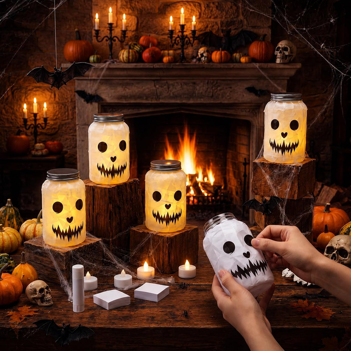 Qinyoung 12 Pcs Halloween Crafts Skeleton Demon Mason Jars with LED Light