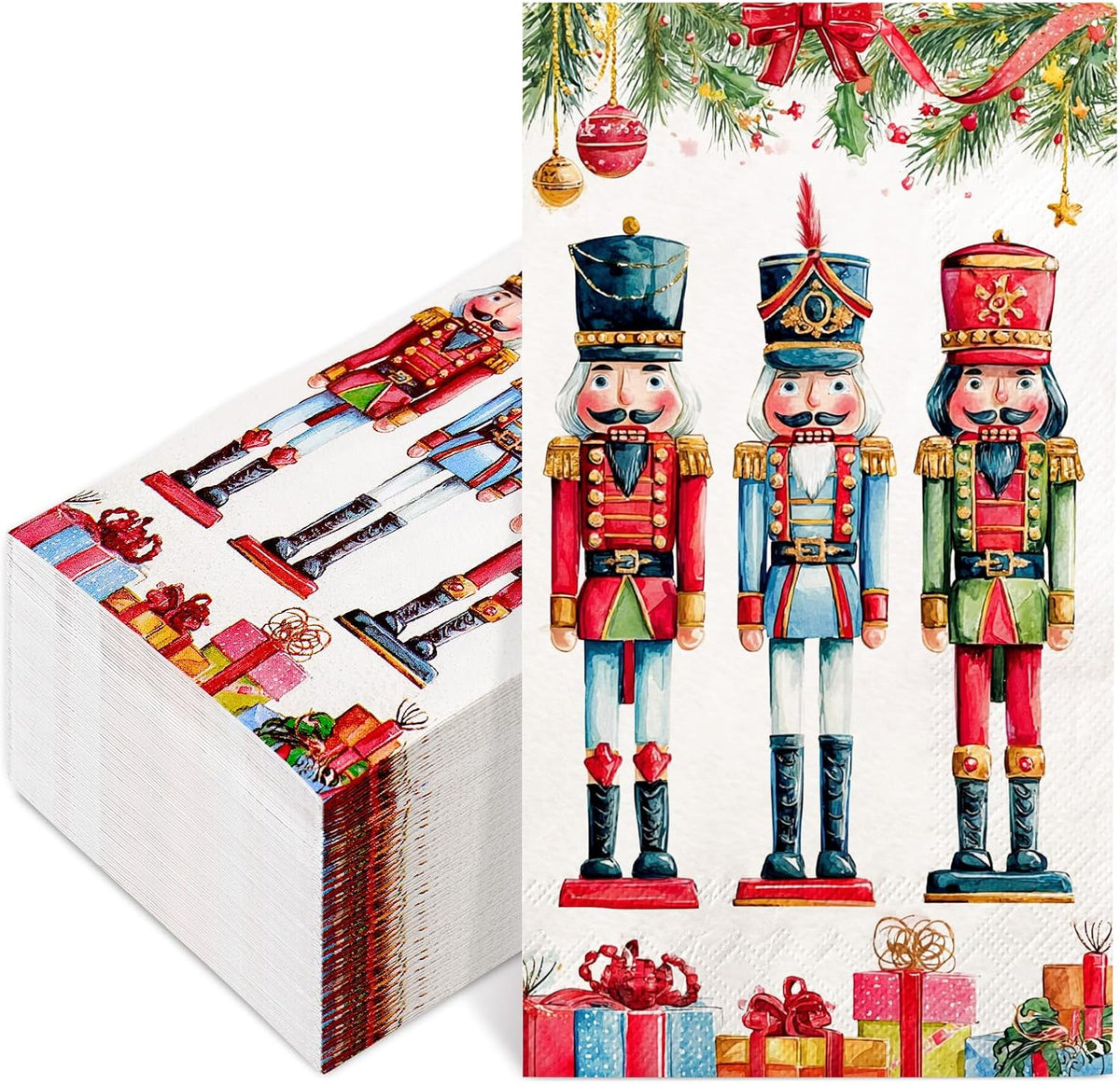 Whaline 50Pcs Christmas Guest Napkins Disposable Napkin Watercolor Nutcracker Pine Branch Dinner Hand Paper Napkins for Xmas Winter Holiday Party Tableware Supplies
