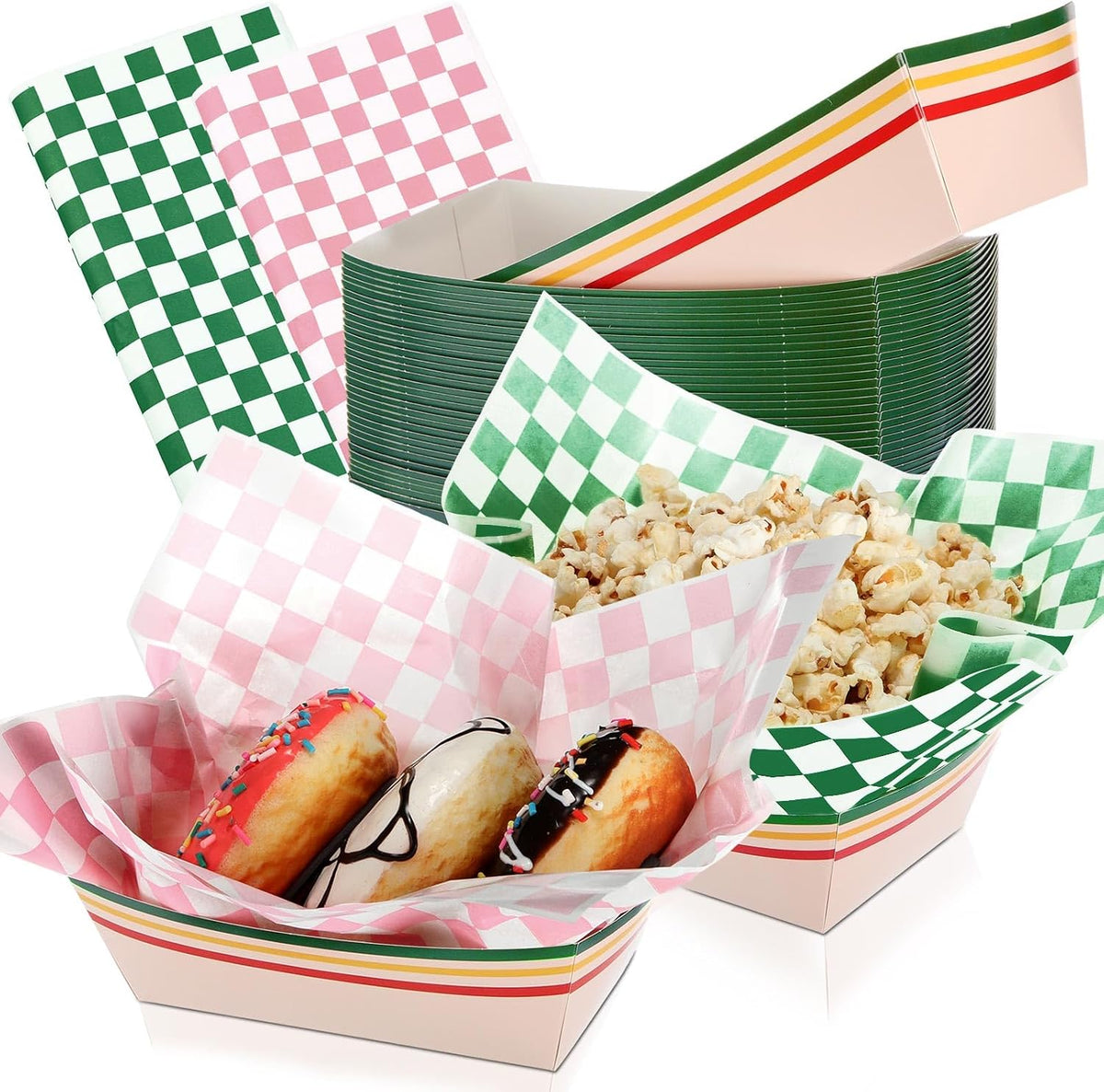 Geosar 100 Pcs Gingham Paper Food Tray with Wax Paper,Pink Green