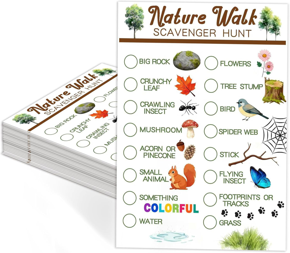 30Pcs Nature Walk Scavenger Hunt Cards, Scavenger Hunt Cards Road Trip and Travel Activities, Spring Summer Holiday Party Supplies, Camping Games Outdoor Indoor Seek Activity