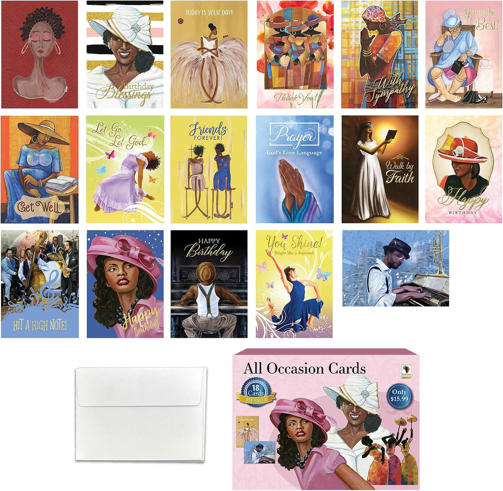 African American Birthday Cards Assortment Box – Set of 18 All Occasion Black Greeting Cards with Envelopes – Beautiful Black Women Designs – Premium Cardstock use for Mother's Day