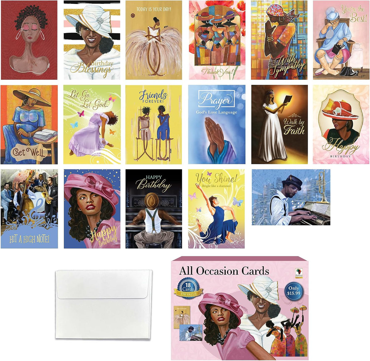 African American Birthday Cards Assortment Box – Set of 18 All Occasion Black Greeting Cards with Envelopes – Beautiful Black Women Designs – Premium Cardstock use for Mother's Day