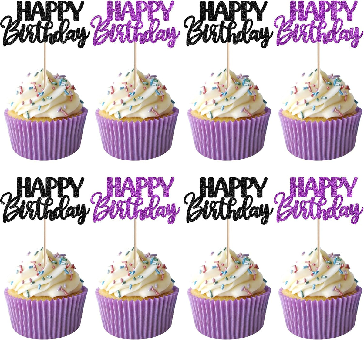 30 PCS Happy Birthday Cupcake Toppers Glitter Happy Birthday Cupcake Picks for Celebrating Anniversary Theme Christmas Party Cake Decorations Supplies Black Purple