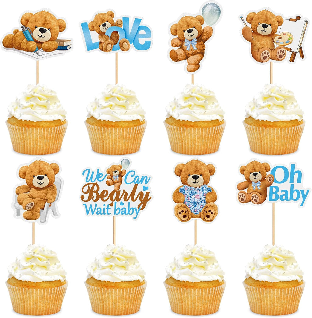 24Pcs Blue Baby Bear Cupcake Toppers We Can Bearly Wait Cupcake Picks Teddy Bears Food Picks for Blue Baby Shower Boys Bearly Birthday Cupcake Decorations Bears Party Decorations Supplies