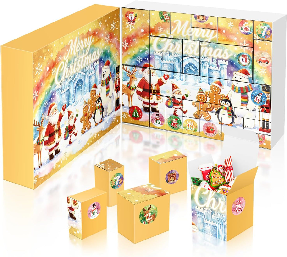 XiaosRen 2026 Christmas Advent Calendar Box Set DIY - 24 Days of Empty Gift Boxes with Number Stickers to Fill for Kids, Family & Friends - Watercolor Gold Background Ice Castle Santa Cartoon Design