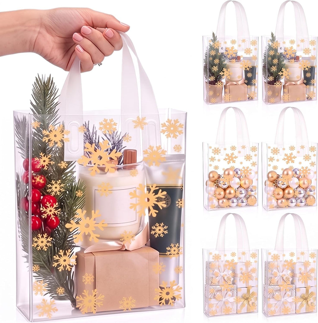 Pajean 25 Pcs Xmas Plastic Gift Bags with Handles, Gold Snowflake Pouches